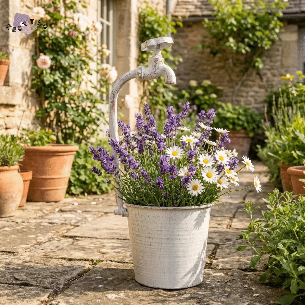 pots fleurs métal rustique blanc noir vert fleurs plantes vintage intérieur extérieur unique robinet