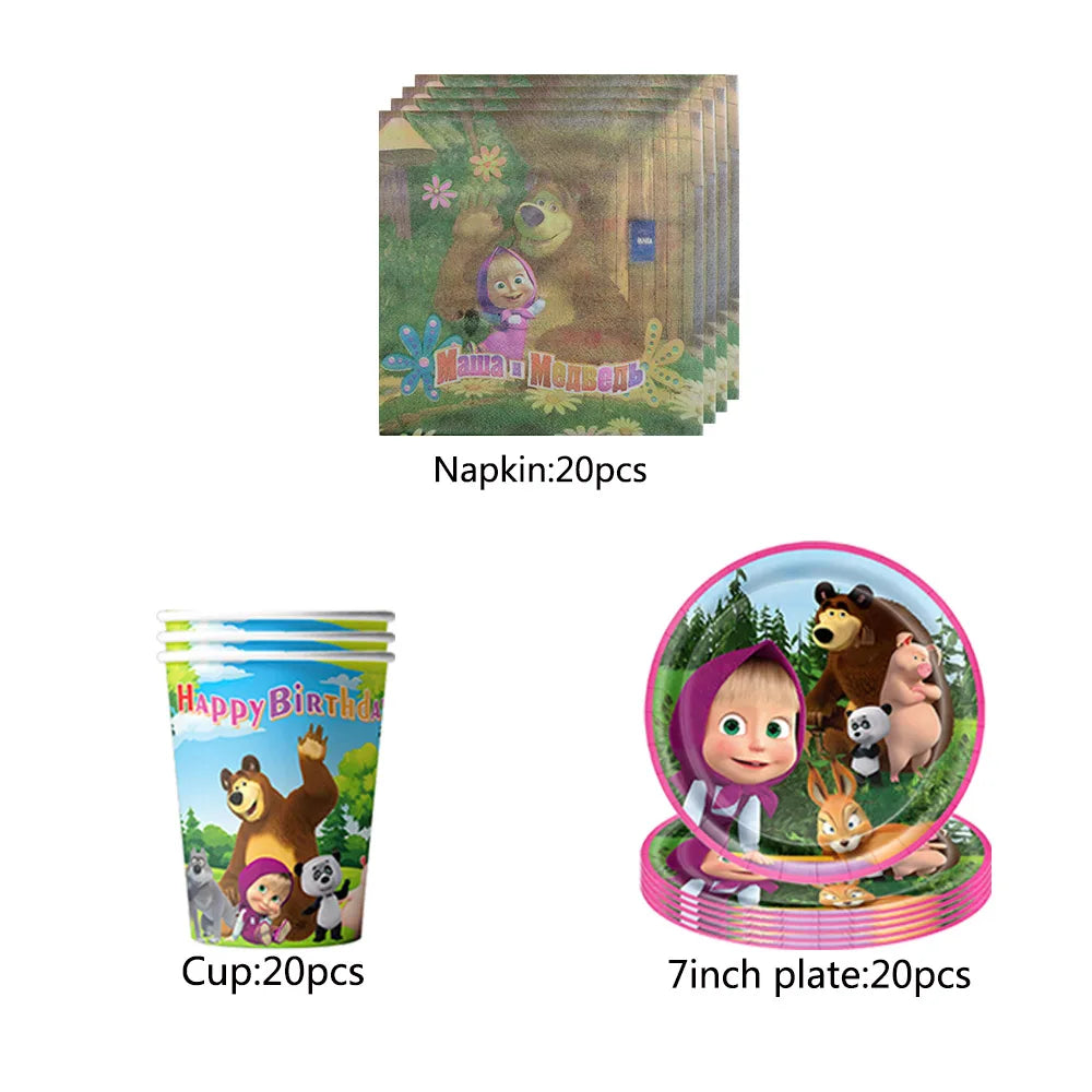 ensemble vaisselle jetable masha ours assiettes gobelets serviettes anniversaire enfant cartoon
