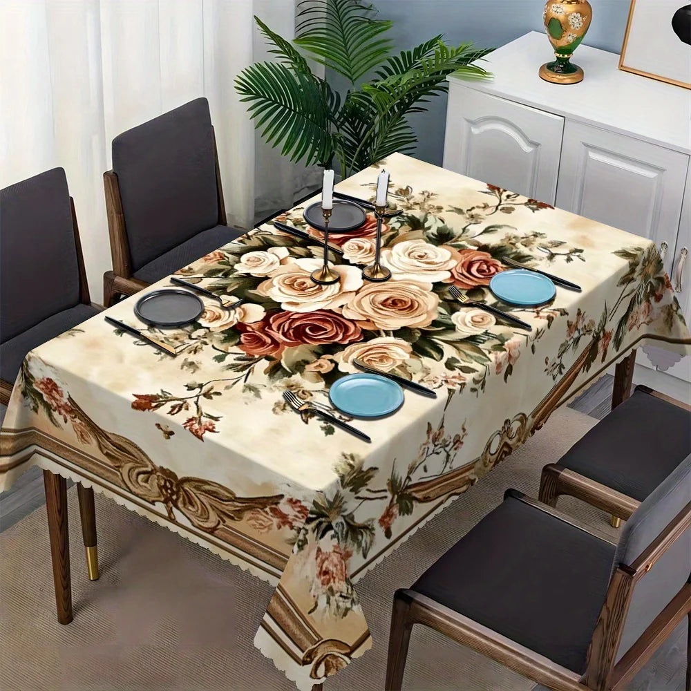 nappe table fleurs roses feuilles dorées classique imperméable machine réutilisable beige marron rouge vert