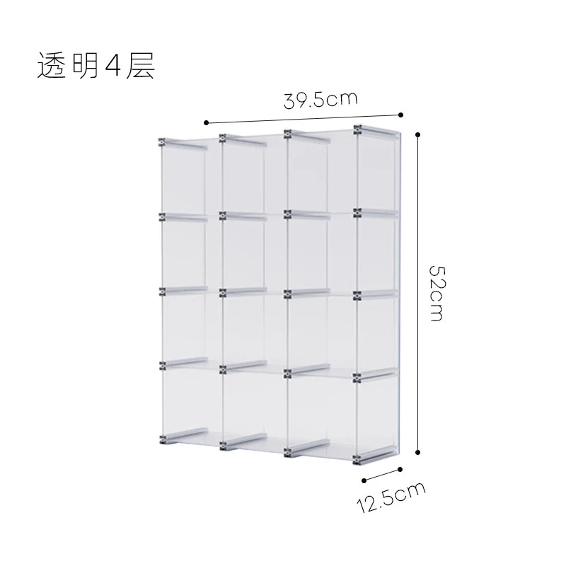 organisateur rangement modulaire transparent bleu clips métalliques compartiments tasses bouteilles bol assiette gâteau tablette