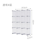 organisateur rangement modulaire transparent bleu clips métalliques compartiments tasses bouteilles bol assiette gâteau tablette