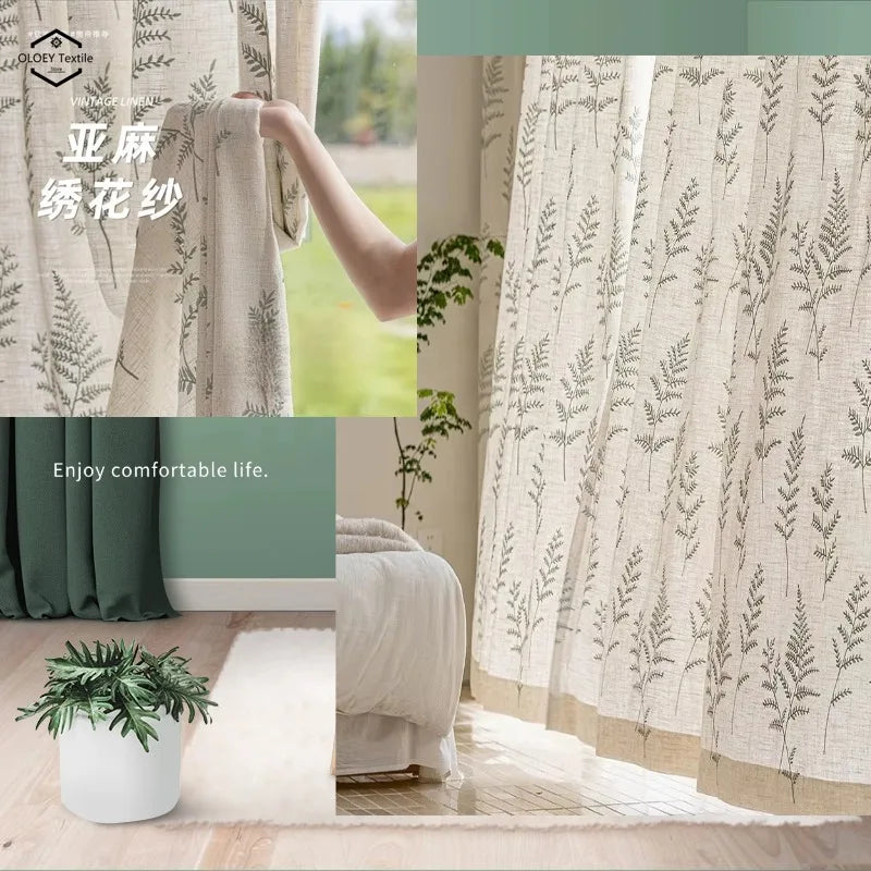 rideau vintage feuilles fougère beige gris semi transparent maison hospitalité
