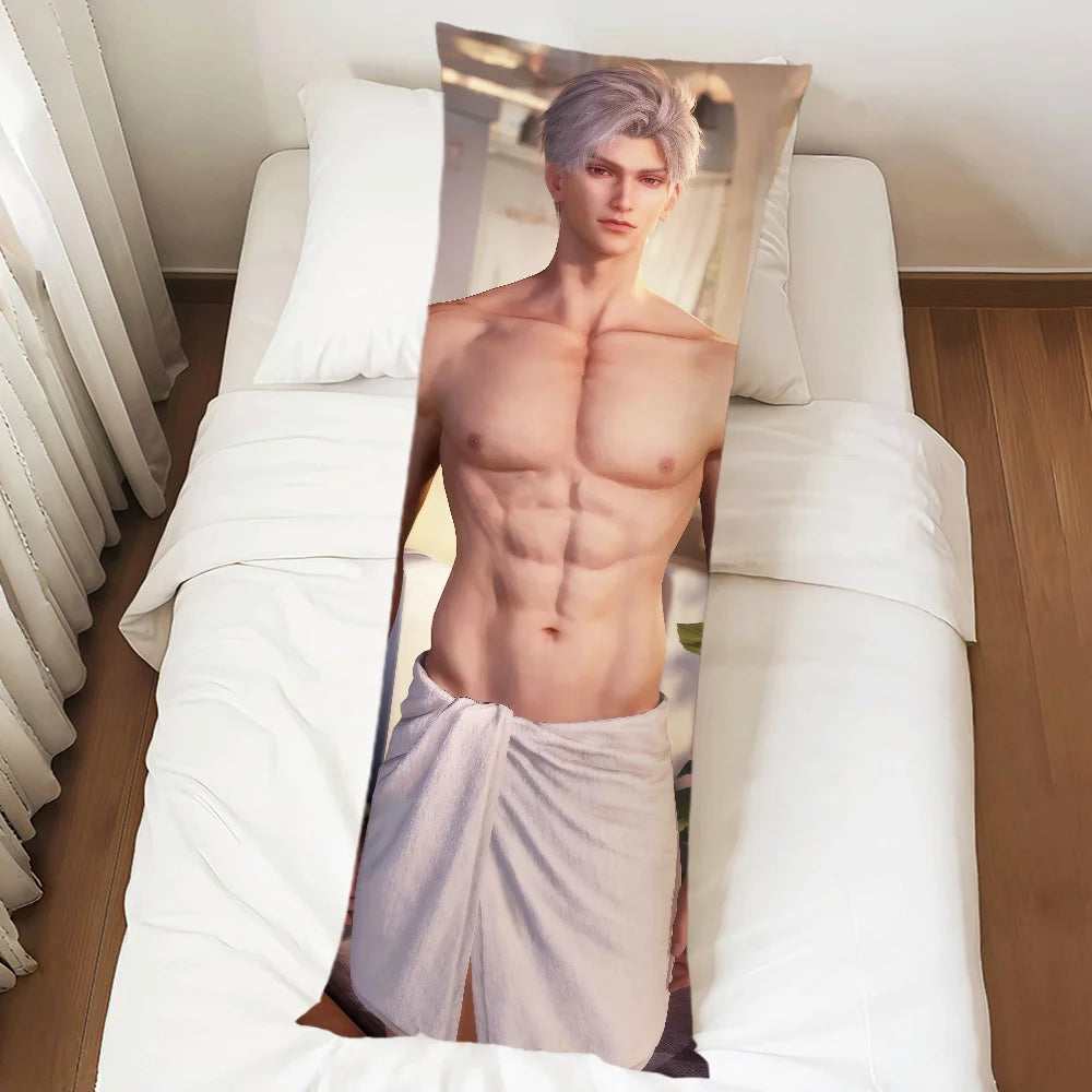 housse coussin allongée imprimé homme musclé noir gris moderne illustratif double face
