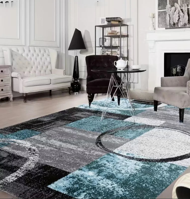 tapis moderne carreaux géométriques bleu gris noir polyester polypropylène salon chambre prière extérieur