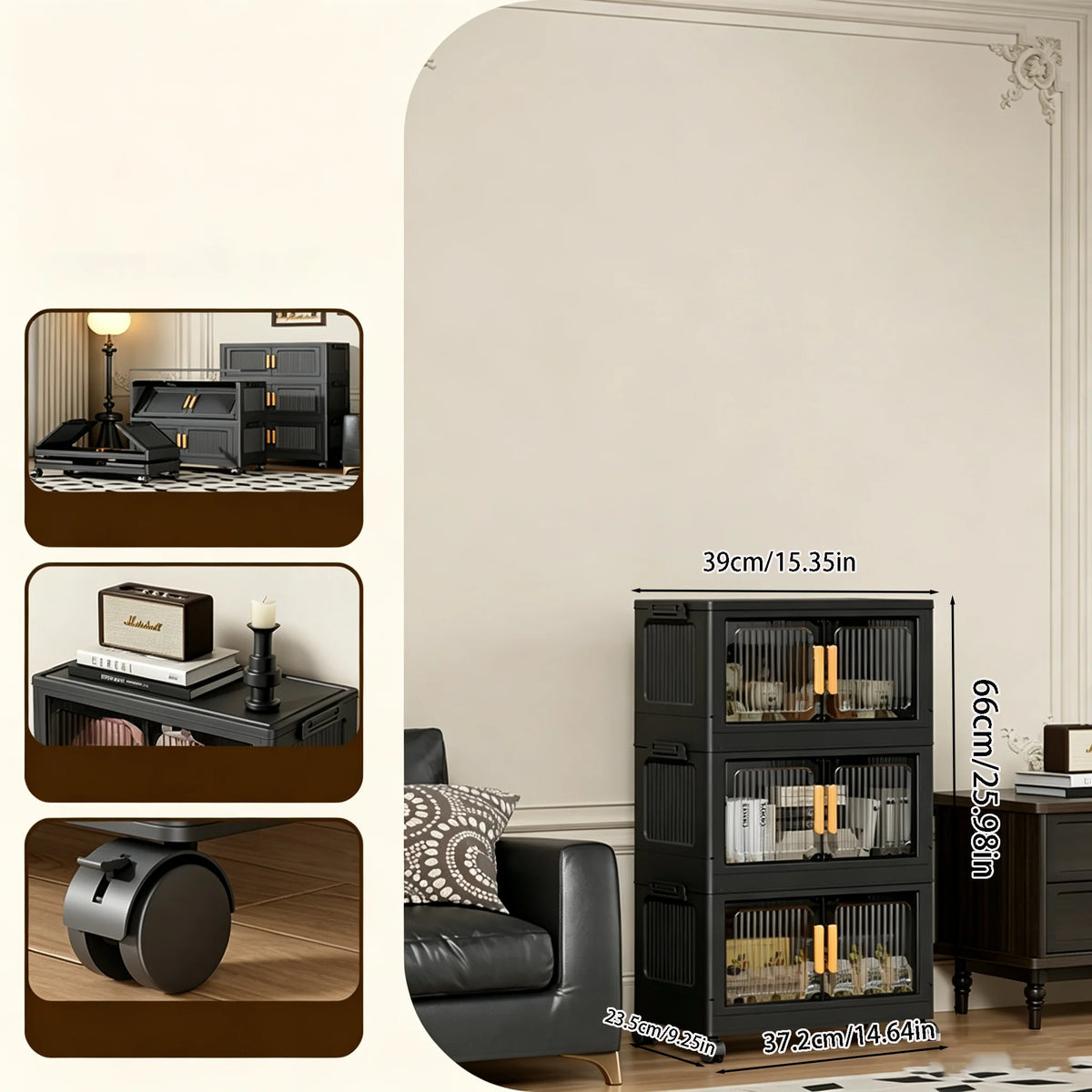 rangement modulaire meuble noir panneaux transparents poignées dorées roulettes facile assembler chambre salon cuisine