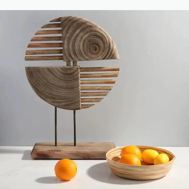 sculptures bois modernes naturel brun gris spirale franges coquillage cheval pomme bol rouleaux