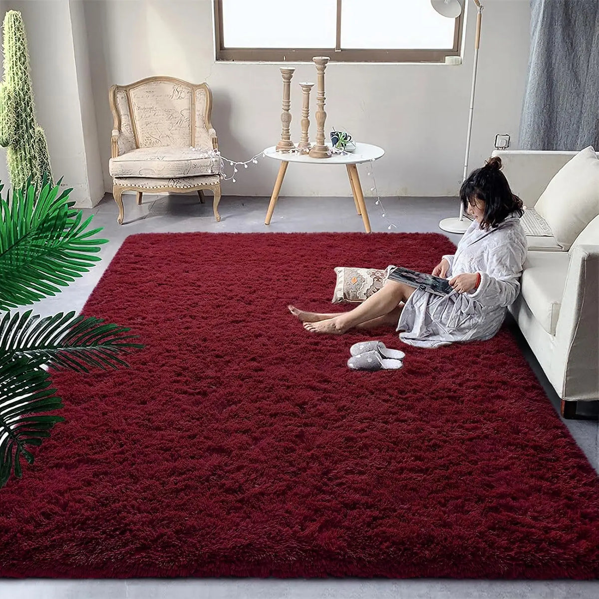 tapis rouge bordeaux doux moderne salon chambre décoration antidérapant polyester simple large