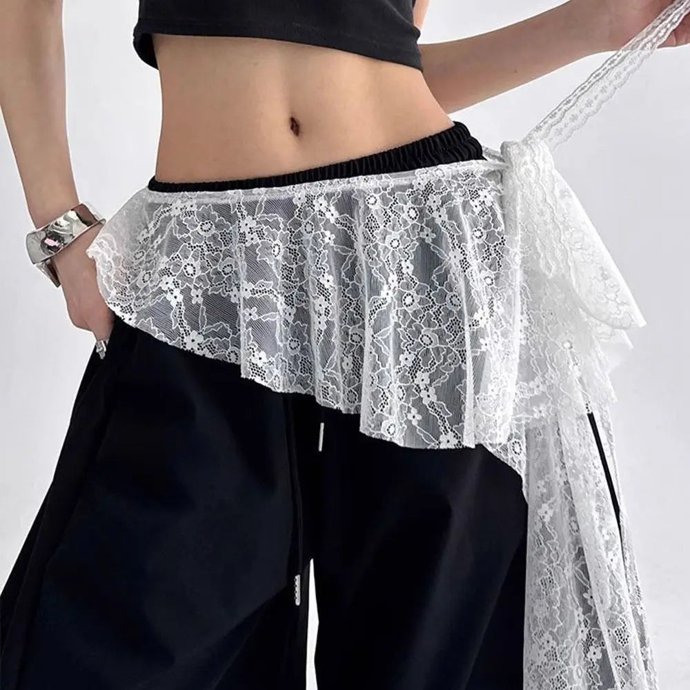 pantalon large femme noir dentelle blanche moderne translucide élastique y2k streetwear