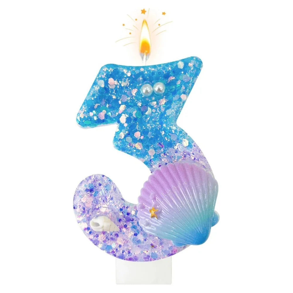 bougies numéraires paillettes sous marine coquillages décoratives anniversaire bleu violet blanc doré