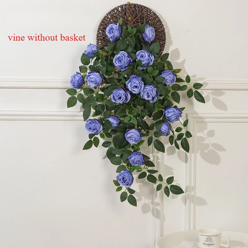 guirlande murale fleurs artificielles roses claires bleues violettes feuilles vertes moderne décoration intérieure adhésif