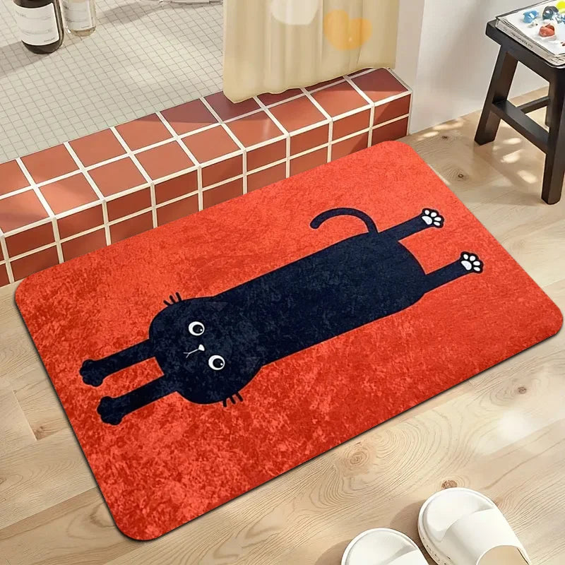 tapis flanelle polyester moderne chat noir fond rouge antidérapant extérieur salon chambre