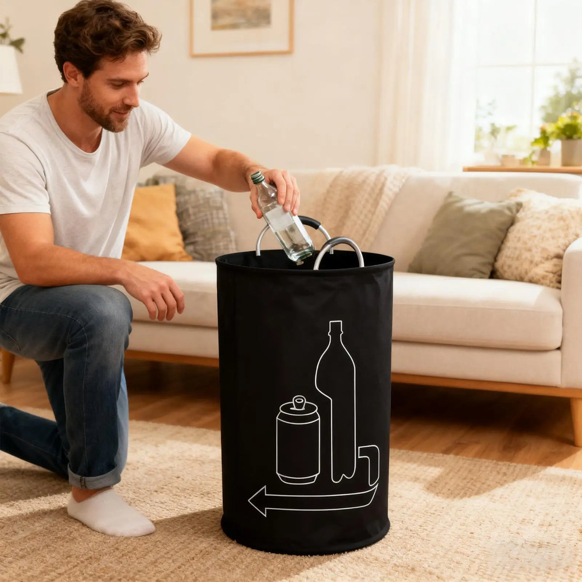 sac poubelle recyclage pliable 115L noir graphique bouteilles canettes moderne minimaliste poignées métalliques capacité