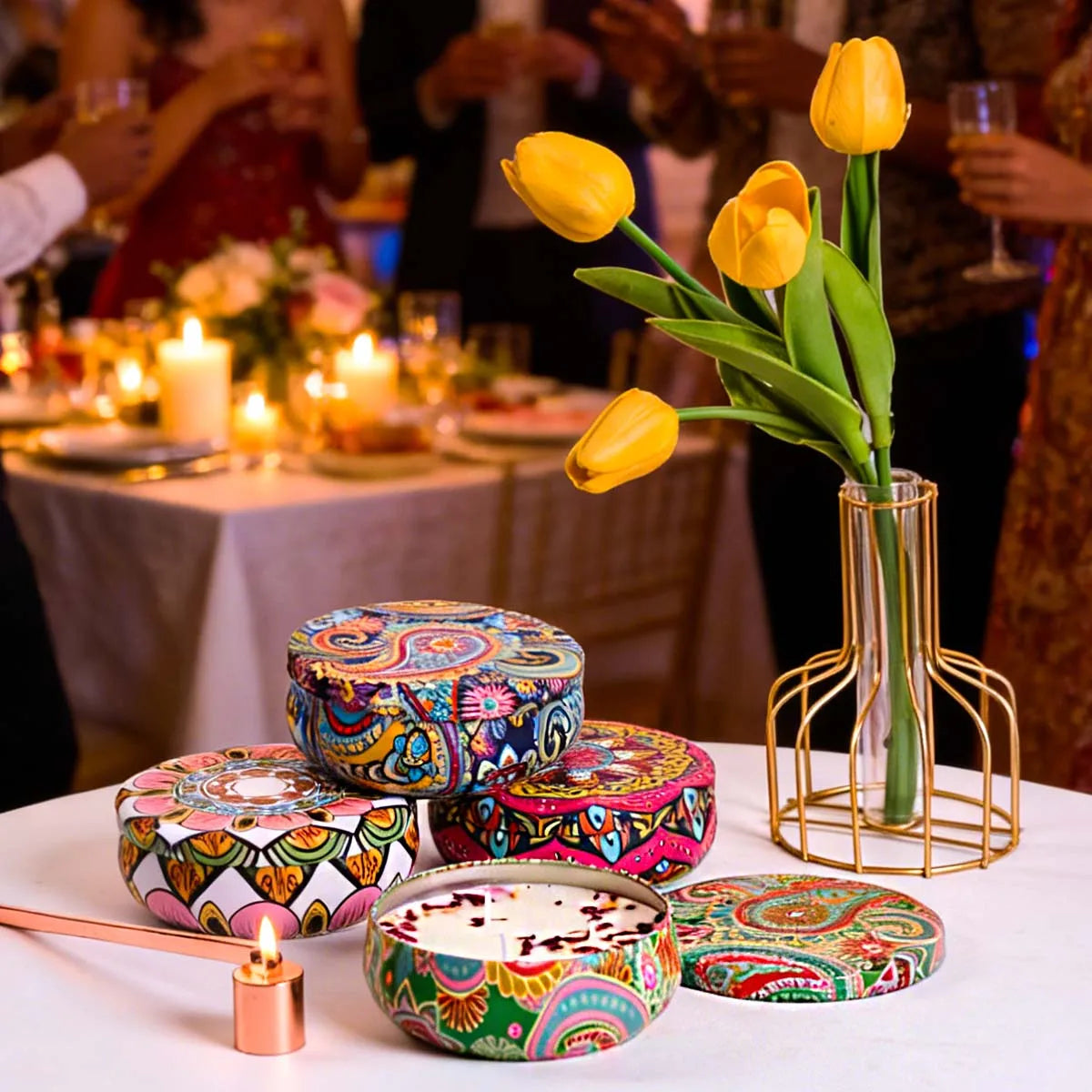 bougies parfumées boîte florale artistique motifs colorés cadeaux anniversaire mariage