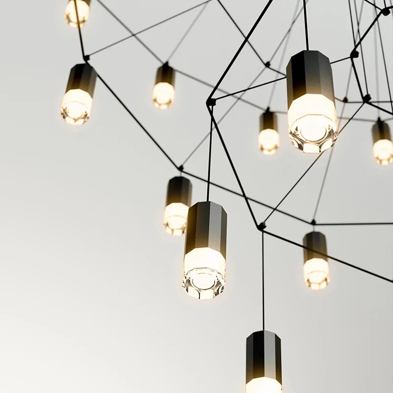 suspension lumineuse moderne fer noir structure géométrique interrupteur bouton éclairage intérieur minimaliste