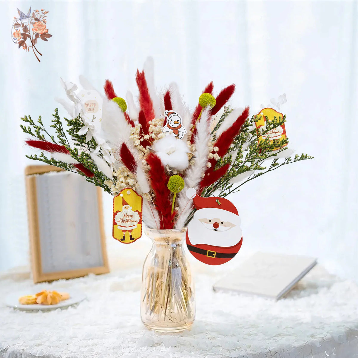 bouquet fleurs séchées noël rouge blanc vert plumes coton fleur queue lapin