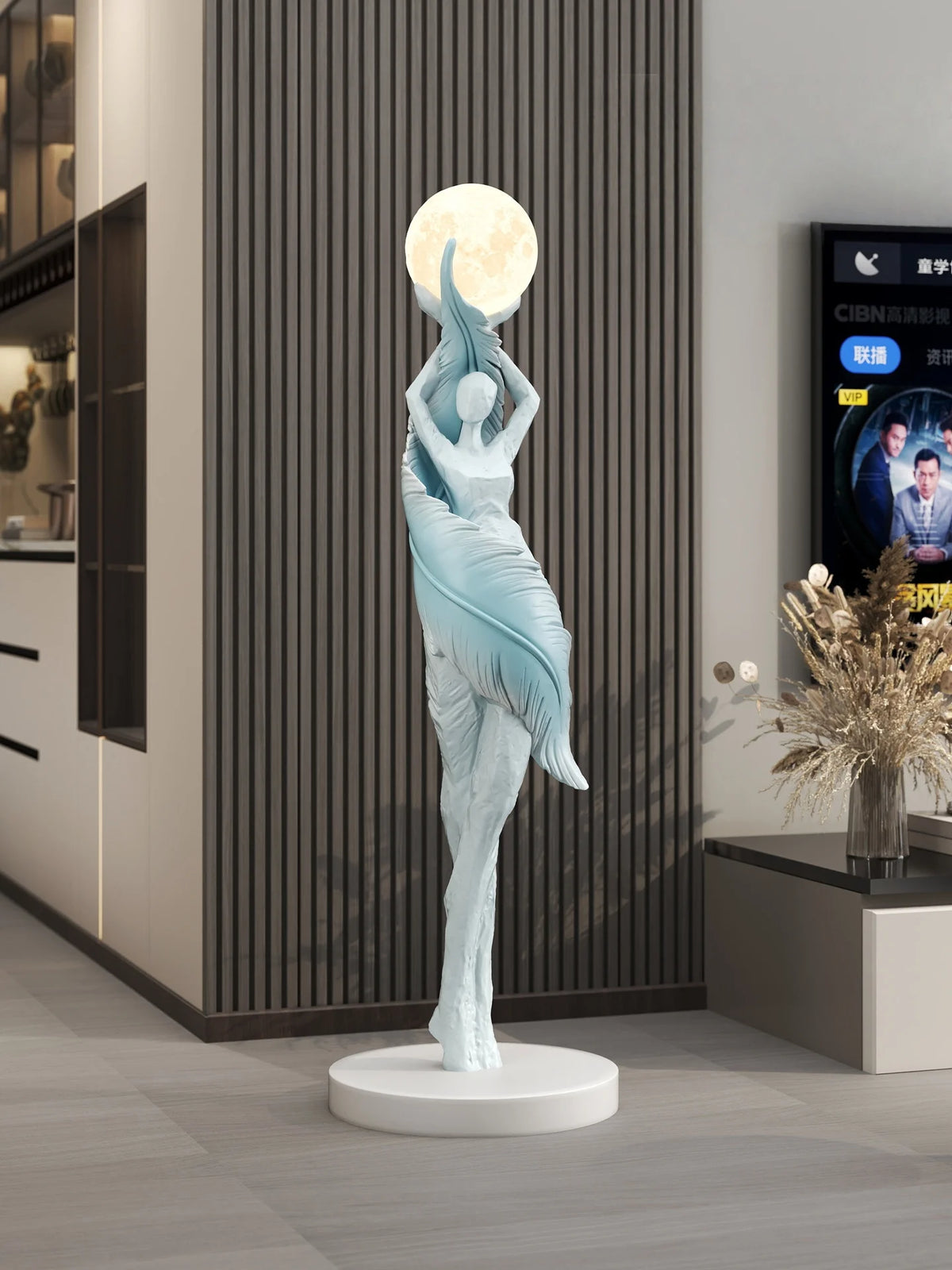 statue femme lune lampadaire moderne résine blanc noir bleu marron ondulé led minimaliste