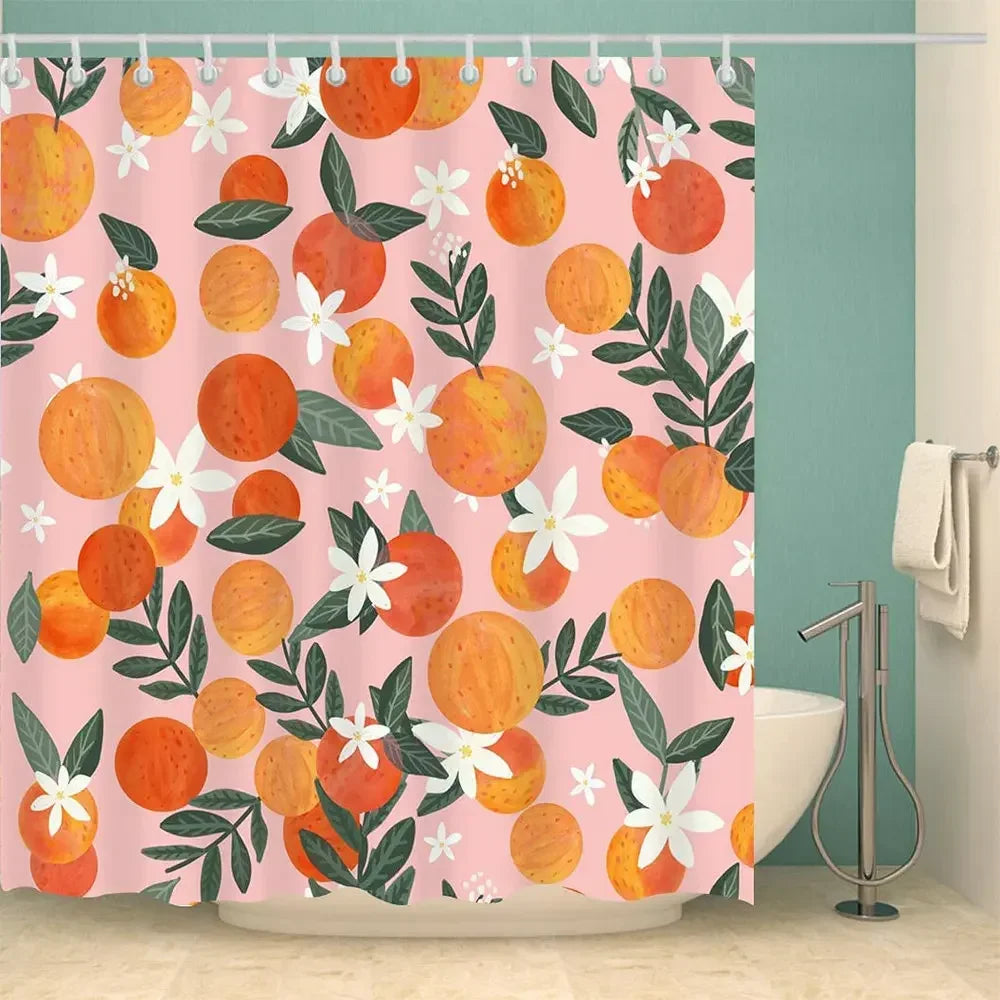 rideau douche moderne floral oranges feuilles fleurs rose orange vert blanc respectueux environnement anneaux