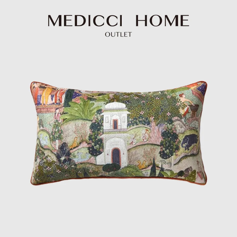 taies d'oreiller patchwork vintage motifs paysagers personnages respectueux environnement vert beige orange decoration maison