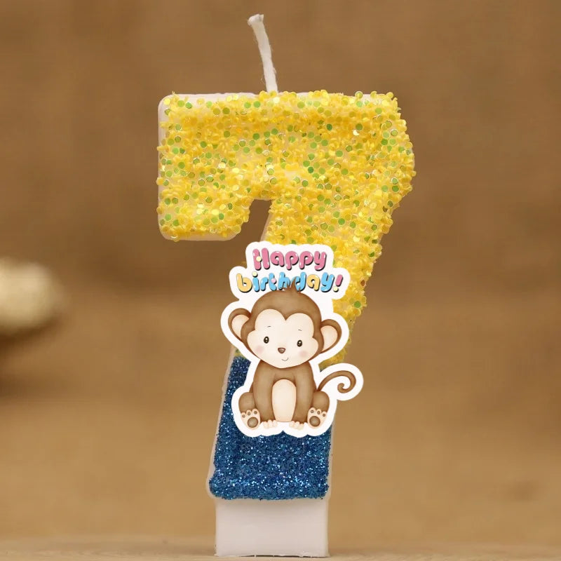 bougies anniversaire animaux singe pailletées chiffres decoration gâteau enfants festive