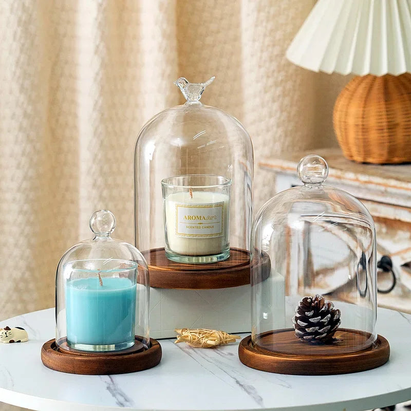 cloche verre transparent base bois bougie parfumée décoration maison moderne