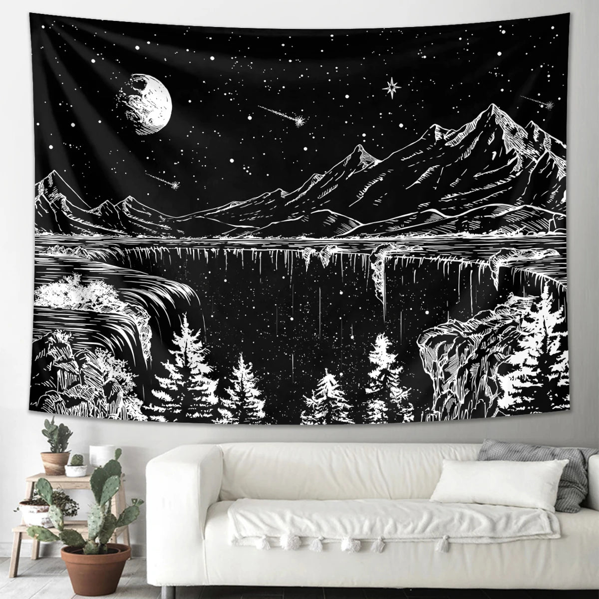tapisserie moderne paysage nocturne étoiles lune montagnes blanc noir polyester clips chambre coucher graphique