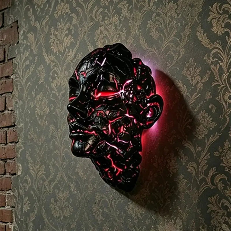 masque sculptural noir rouge texture magma lave art contemporain halloween décoration murale led usb