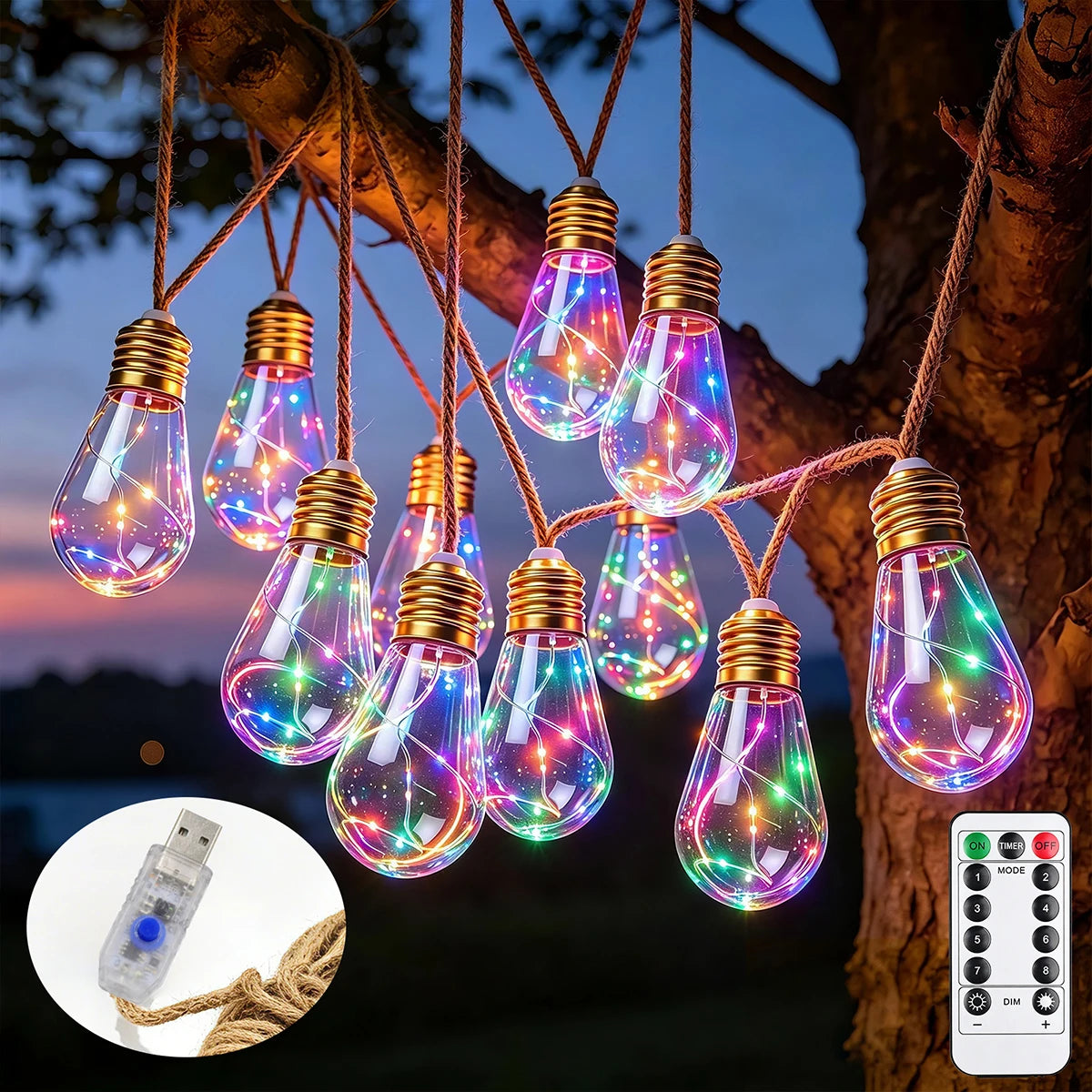 guirlande lumineuse solaire transparente vintage 16 ampoules g40 câble tressé télécommande ip65