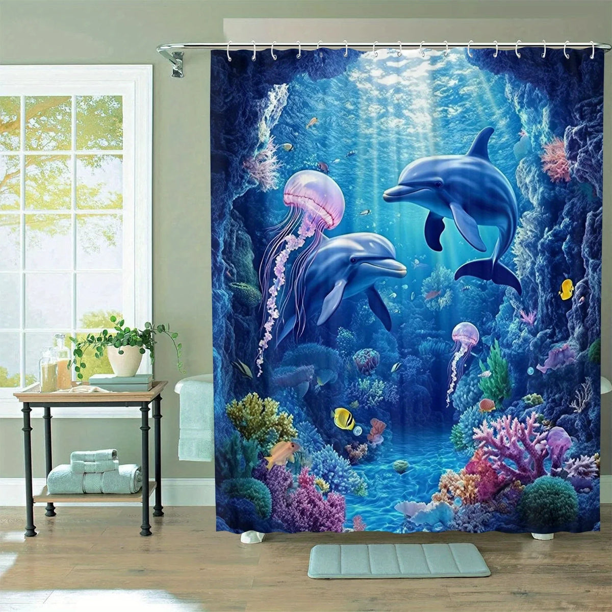 rideau douche sous marin dauphins méduses corail bleu rose moderne opacité océan polyester