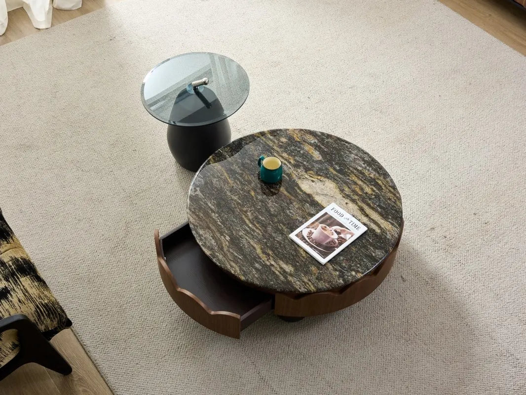 table basse ronde bois marbrée pieds sphériques tiroir moderne minimaliste salon
