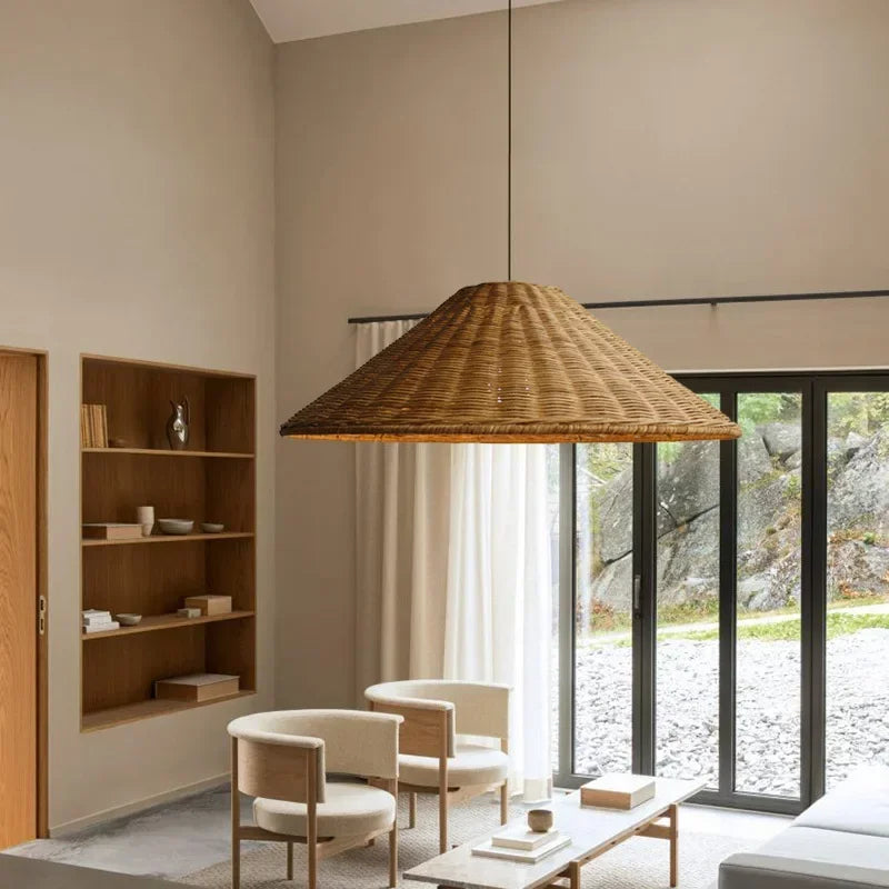 pendant suspension wicker naturel moderne rustique crochet câble noir lumière chaude chambre salon étude