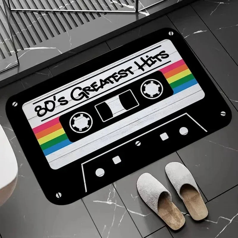 tapis bain noir blanc rouge cassette audio motifs musicaux vintage antidérapant polyester mousse