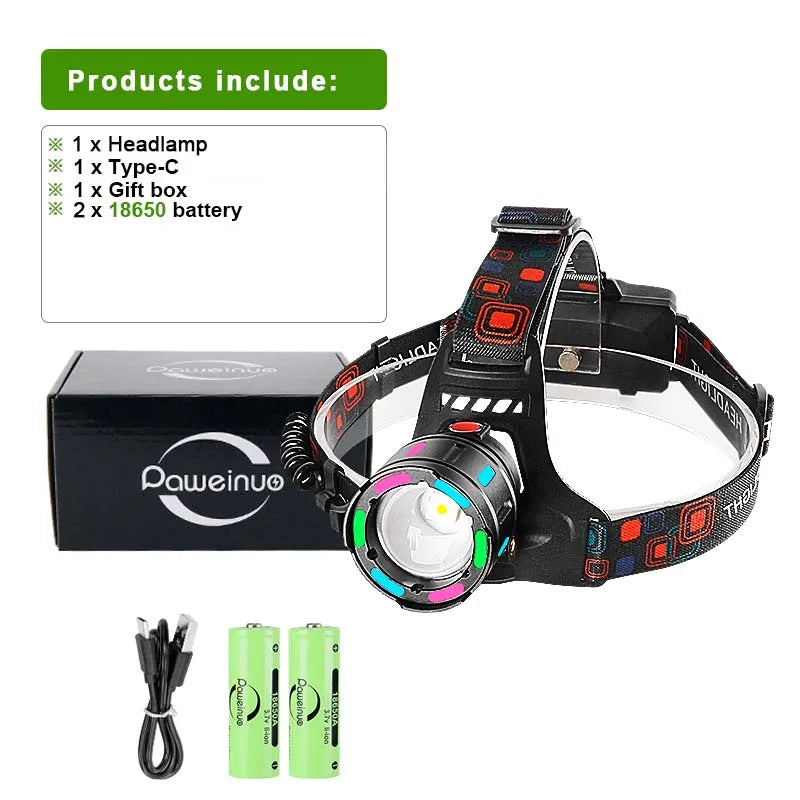 lampe frontale rechargeable led noire ipx6 zoom modes lumière pêche travail randonnée