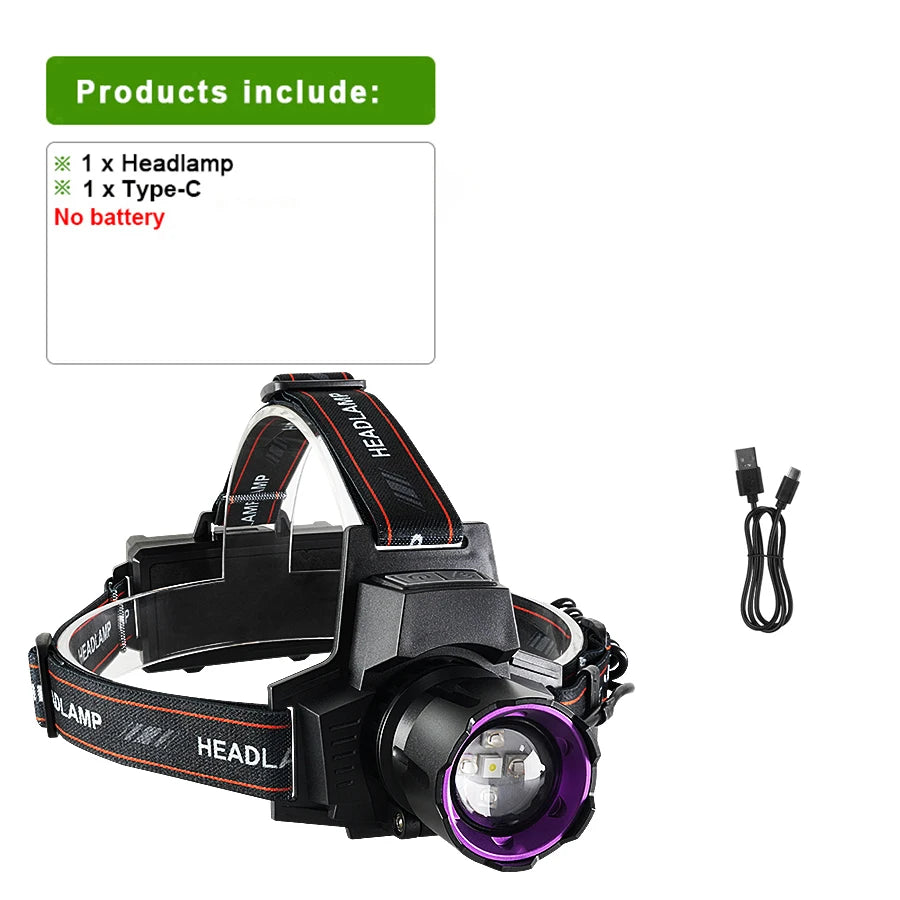lampe frontale led rechargeable uv 395nm zoomable tactique camping chasse pêche