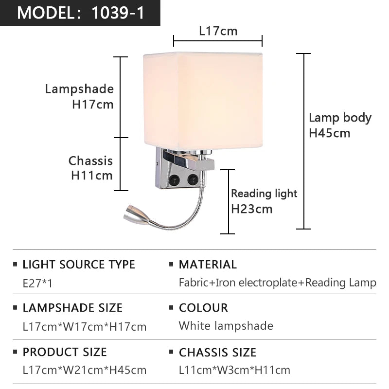 lampe murale moderne led usb interrupteur tissu blanc beige noir