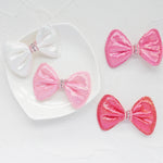 rubans forme noeud rayés pailletés blanc rose clips pinces décoration enfantine opaques nylon pack