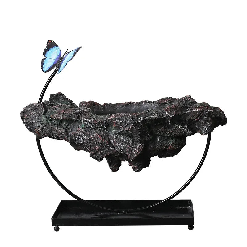 Bonsaï miniature artificiel feuilles vertes roche grise papillon bleu support métallique intérieur décoration vert