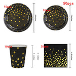 assiettes noires points dorés cuillères fourchettes couteaux gobelets serviettes tablecloth festif jetables moderne