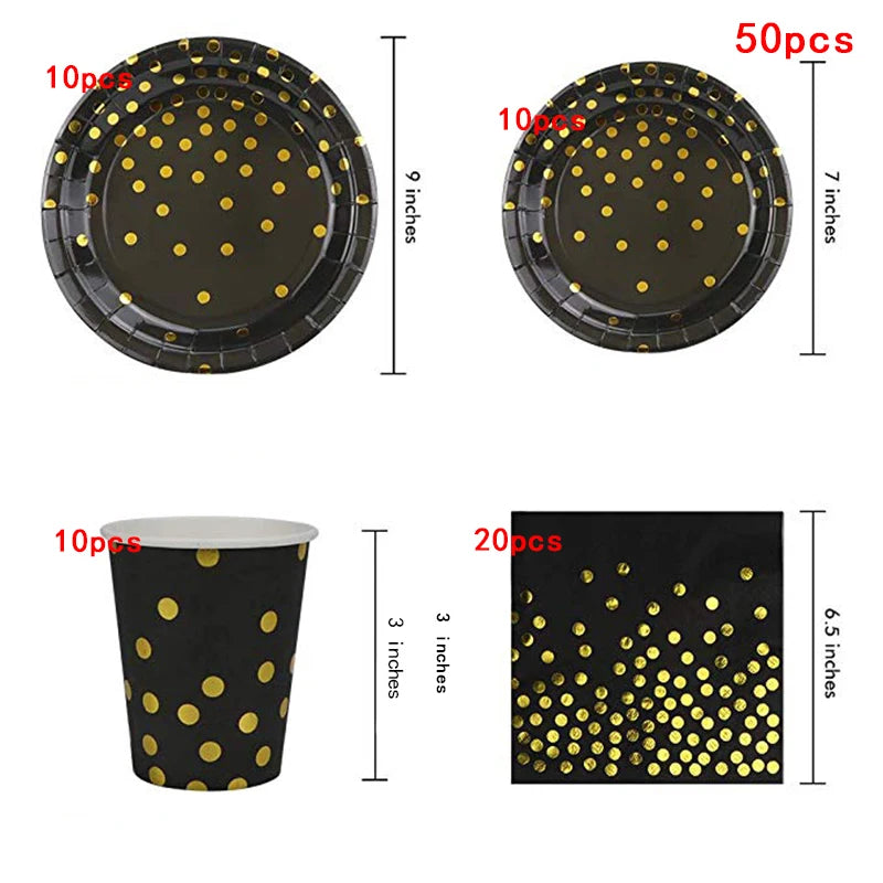 assiettes noires points dorés cuillères fourchettes couteaux gobelets serviettes tablecloth festif jetables moderne