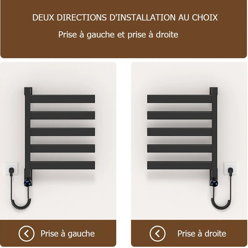 radiateur électrique mural noir fixations murales interrupteur numérique réglage température sèche serviettes moderne