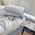 ensemble literie bleu clair rayures horizontales moderne couvre lit taies d'oreiller coton polyester frais
