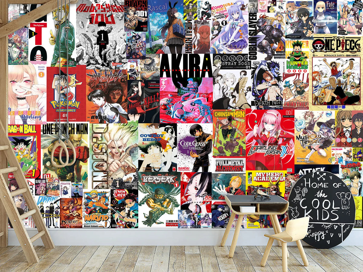 tapisserie manga anime pop art multicolore décoration murale papier peint personnages couvertures environnements chambre