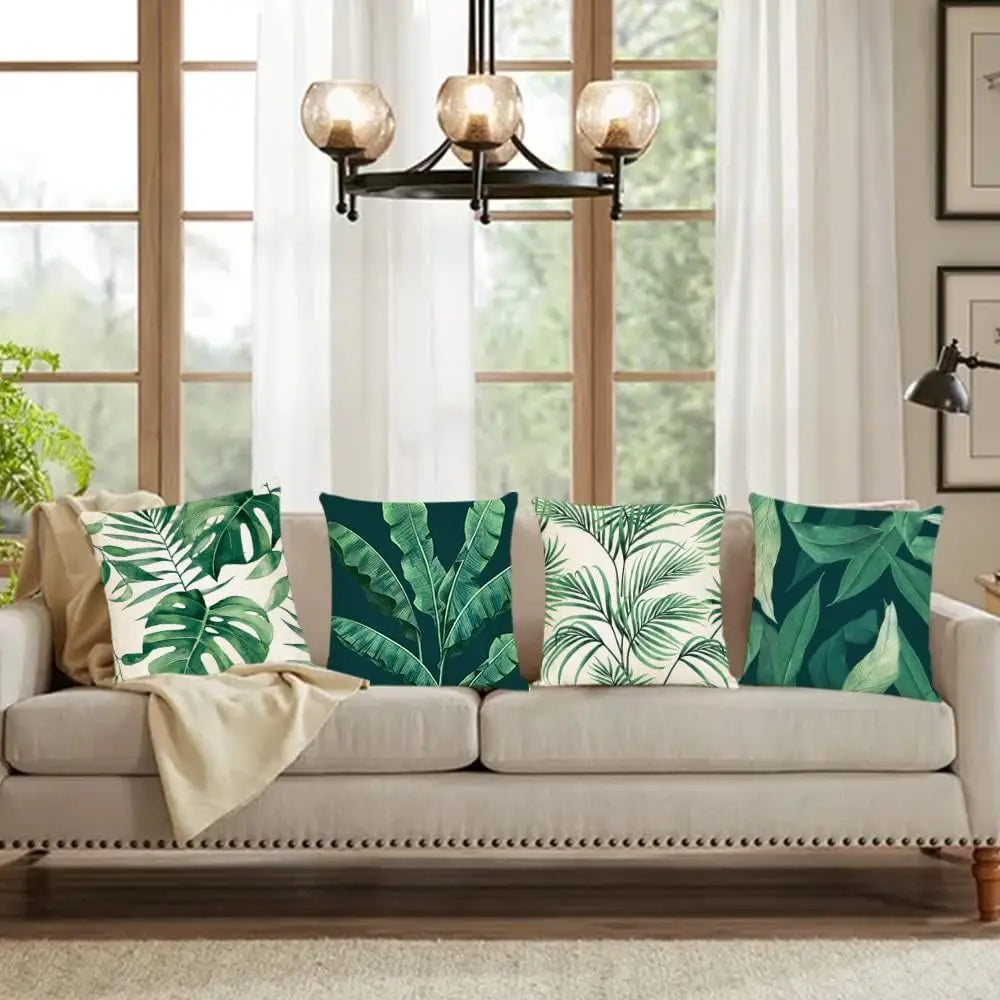 taies oreiller motif feuilles tropicales verte blanche modernes décoratives carrées 40x40cm 45x45cm