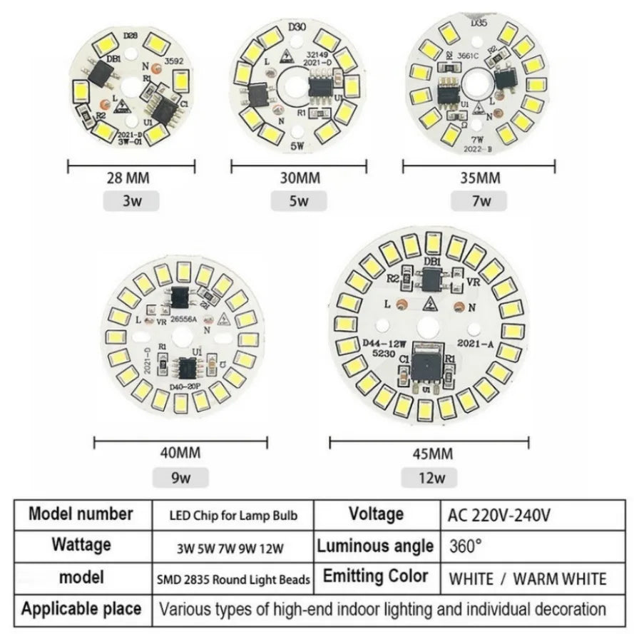 chips led blanc 3w 5w 7w 9w 12w smd 2835 modernes 220v diy ampoule