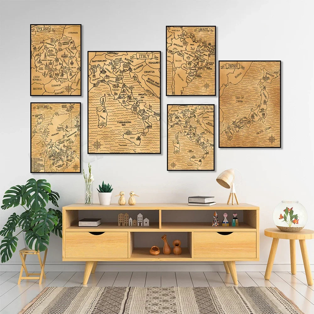 Une collection de cartes décoratives en bois représentant différentes régions du monde, créant un intérieur moderne et chaleureux.