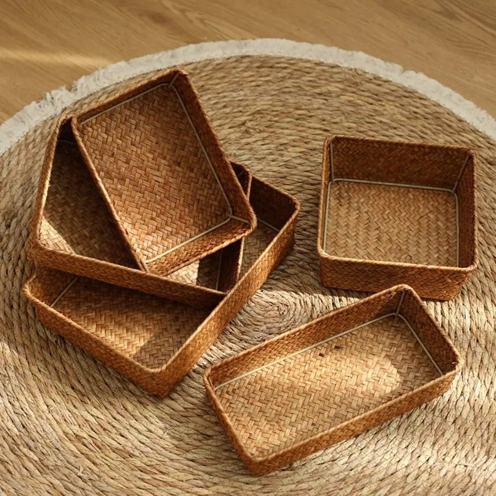 paniers rangement tressés marron clair rustiques empilables rangement écologique multifonctionnels