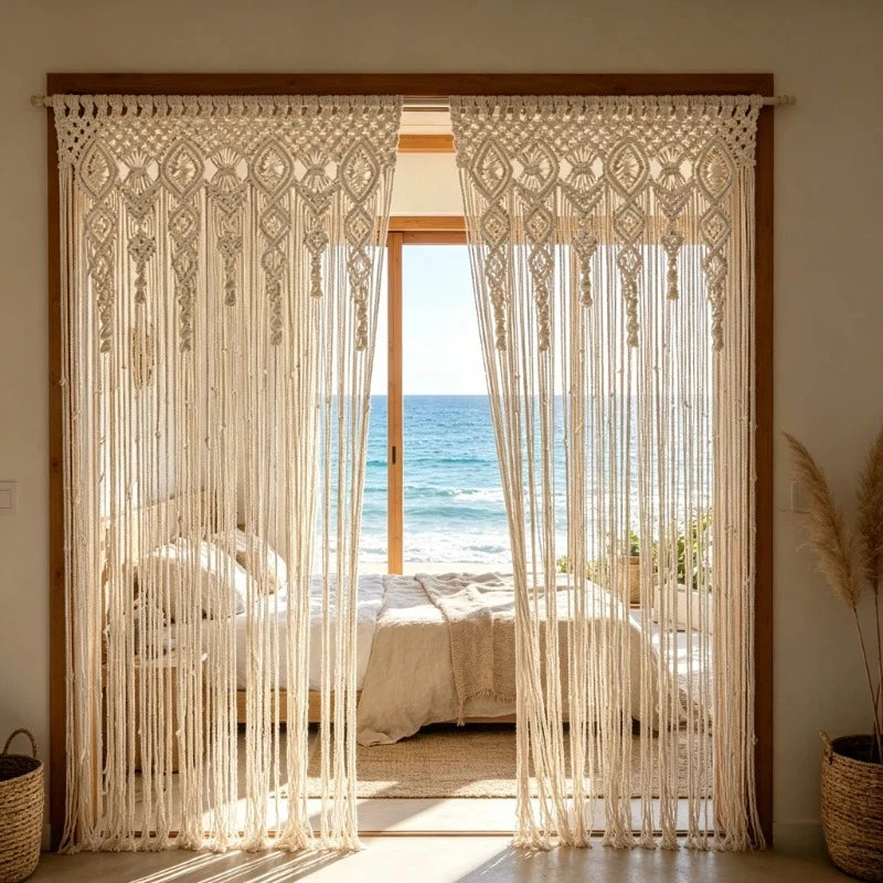 rideau macramé boho chic beige clair franges décoration murale chambre salon