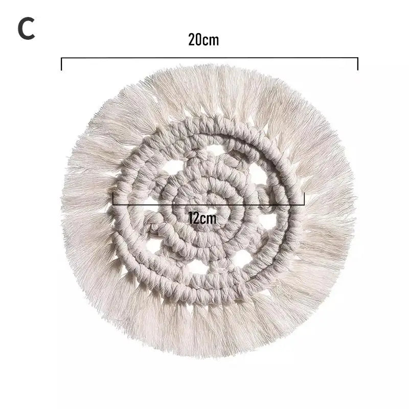 coasters tissu spirale tissée franges bohême artisanal couleur beige domestique utilisation protection table
