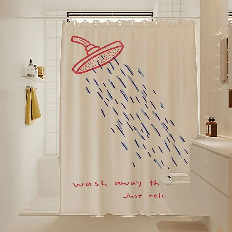 rideau douche imperméable motif gouttes pluie dessin humoristique beige bleu rouge noir