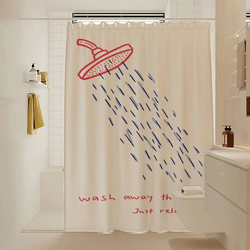 rideau douche imperméable motif gouttes pluie dessin humoristique beige bleu rouge noir