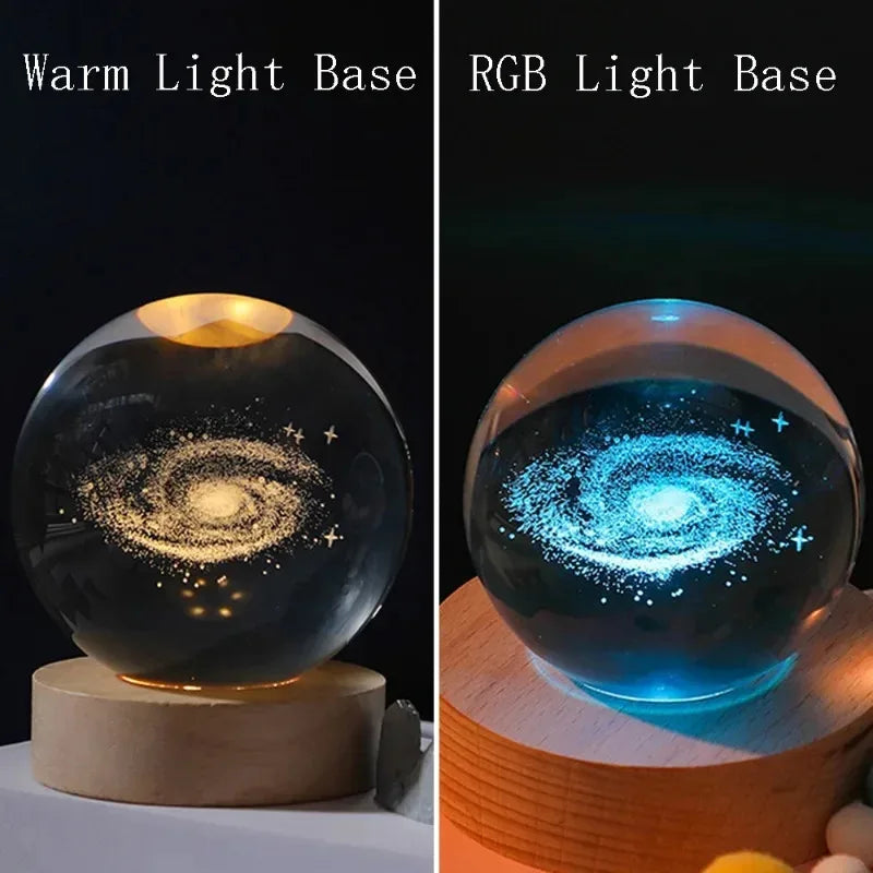 veilleuse boule cristal galaxie saturne transparente base bois minimaliste led éclairage maison decoration